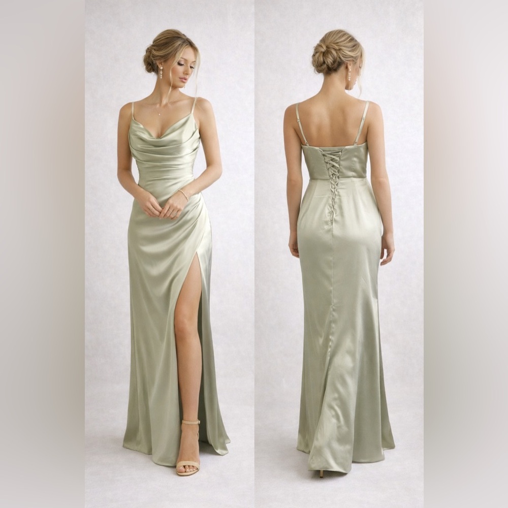 Sage Green Satin Cowl Neck Dress Long Maxi High Cut Leg Size 6 Prom Bridesmaid